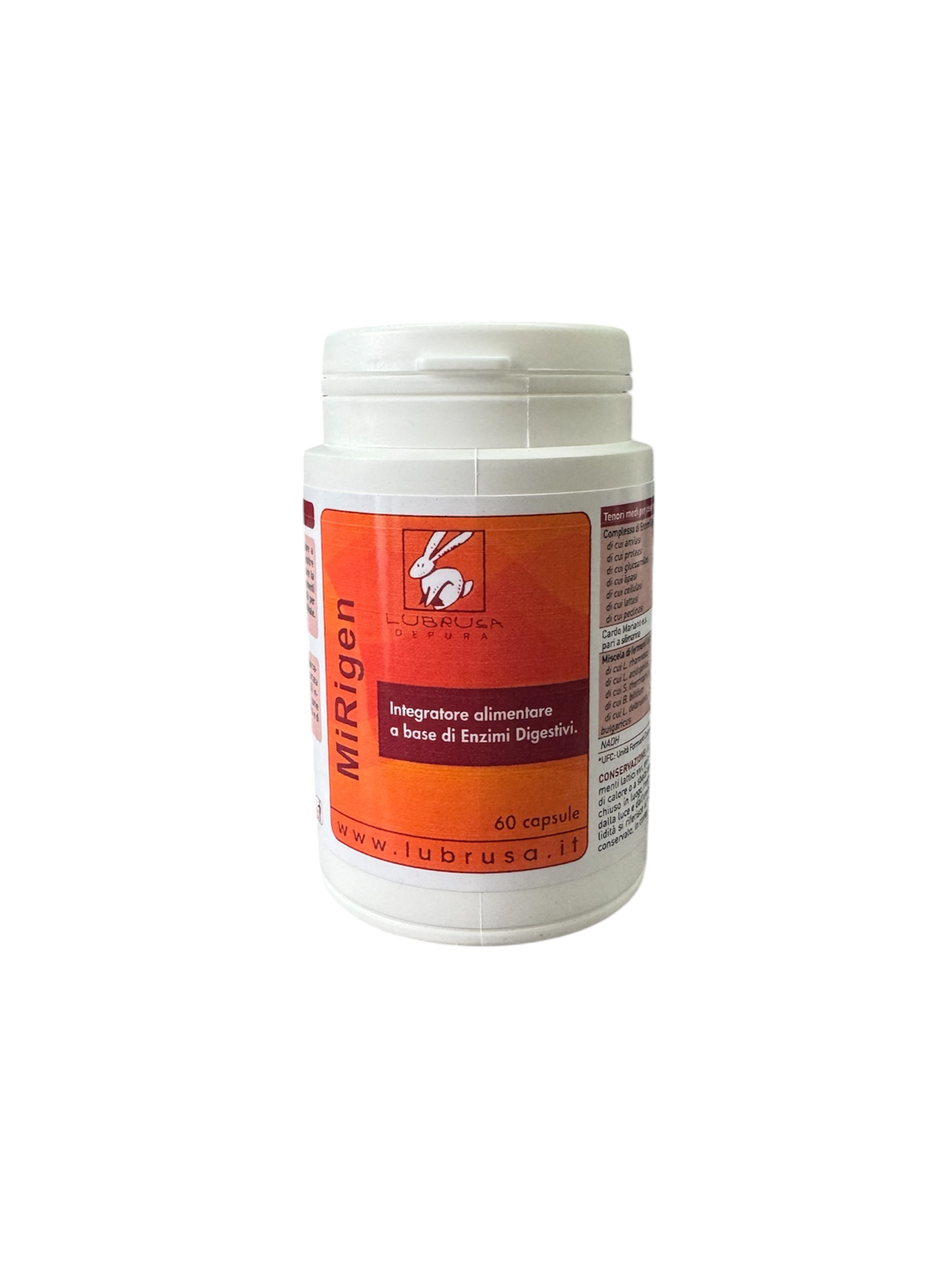 MiRigen Lubrusa Energetica — Integratore alimentare con enzimi digestivi, 60 capsule, flacone bianco con etichetta arancione