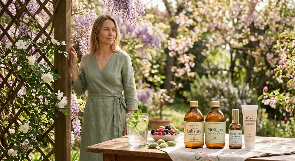Donna tra i fiori con prodotti Lubrusa Energetica per il benessere primaverile