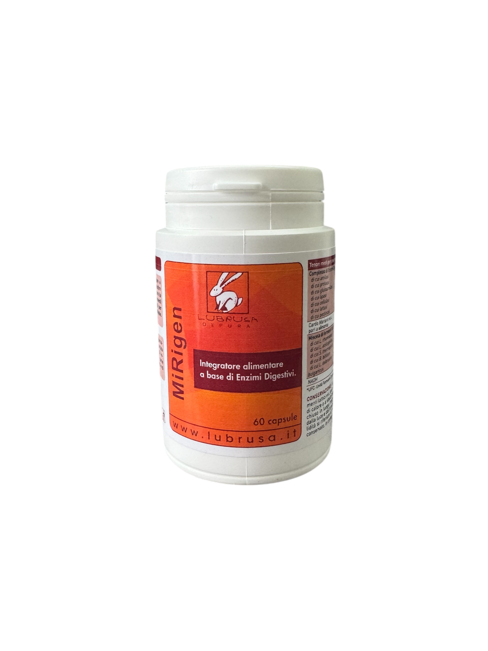 MiRigen Lubrusa Energetica — Integratore alimentare con enzimi digestivi, 60 capsule, flacone bianco con etichetta arancione
