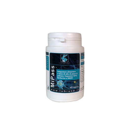 MiPass Lubrusa Energetica — Integratore alimentare con olio di pesce, Coenzima Q10, Berberina e NADH, flacone bianco con etichetta blu scuro